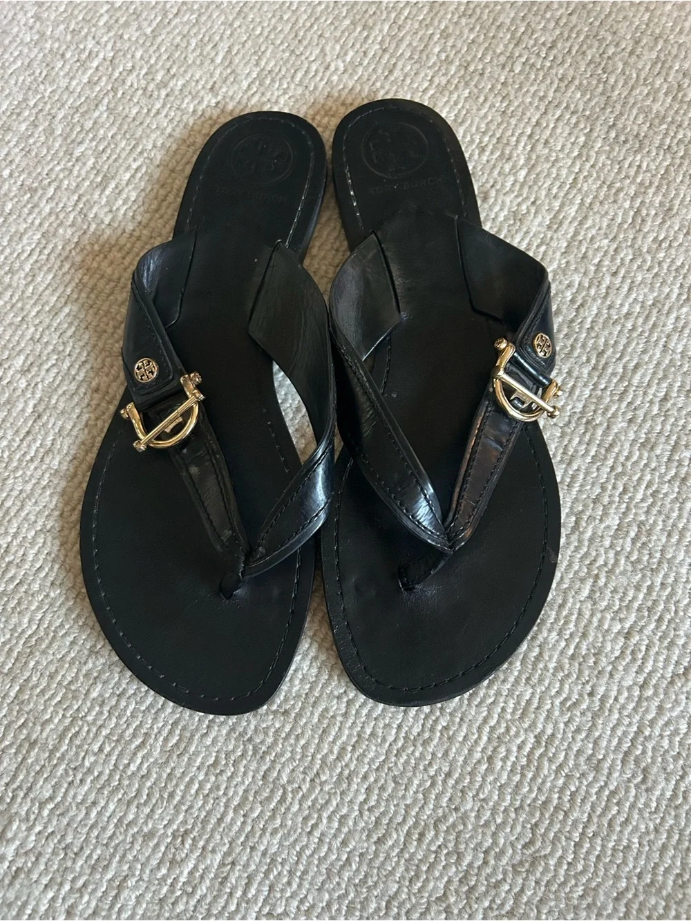 Tory Burch Black Patent Leather Thong Sandals with Gold Accent